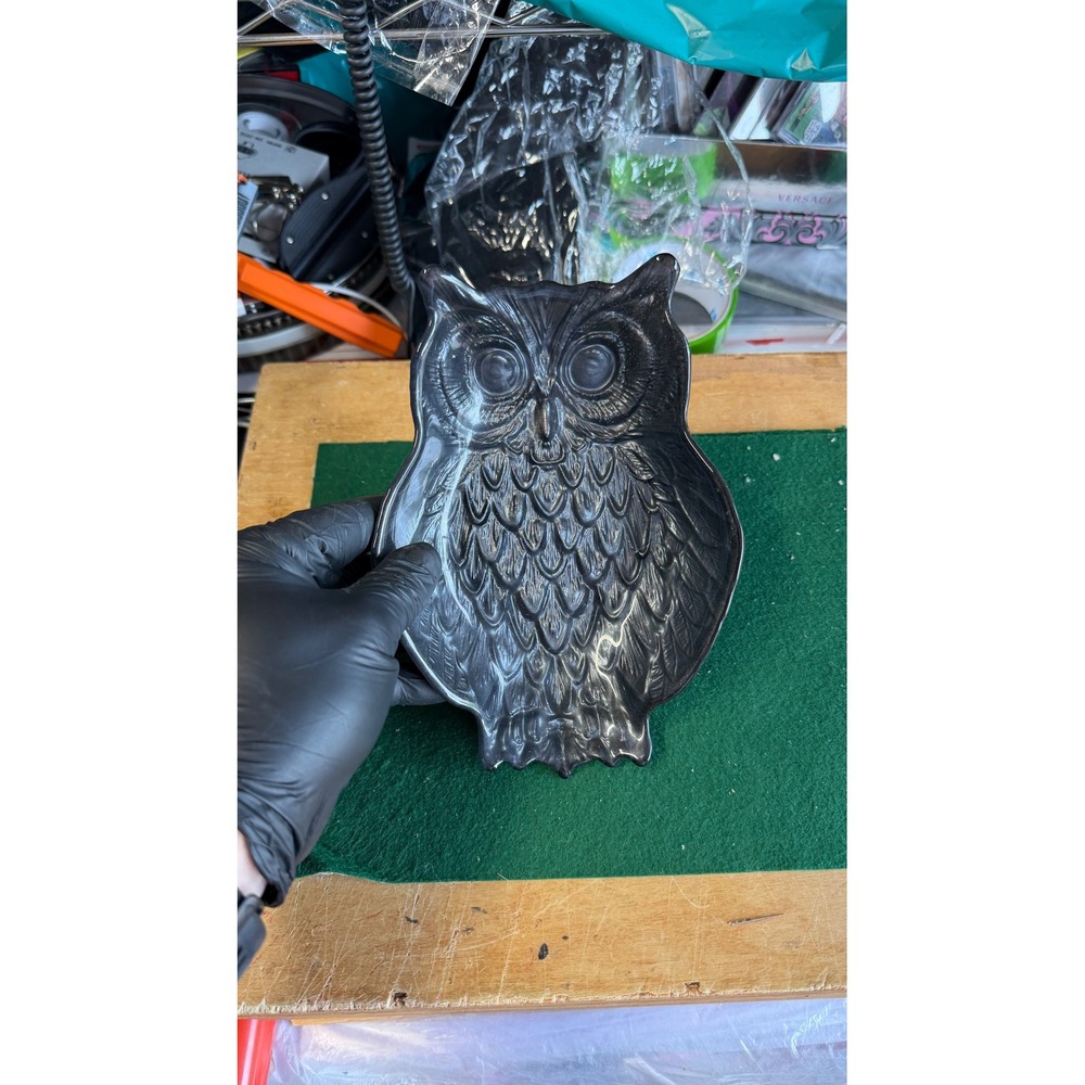 Vintage Black Iridescent Owl Trinket Dish Ceramic Catch All Tray Jewelry Bowl